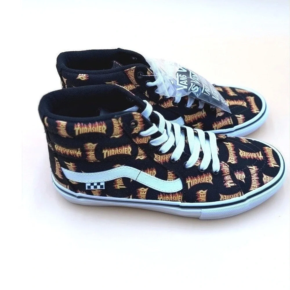Vans x Thrasher Sk8-Hi-Allover Logo Black Multi Mens 9.5 Skate Shoes New